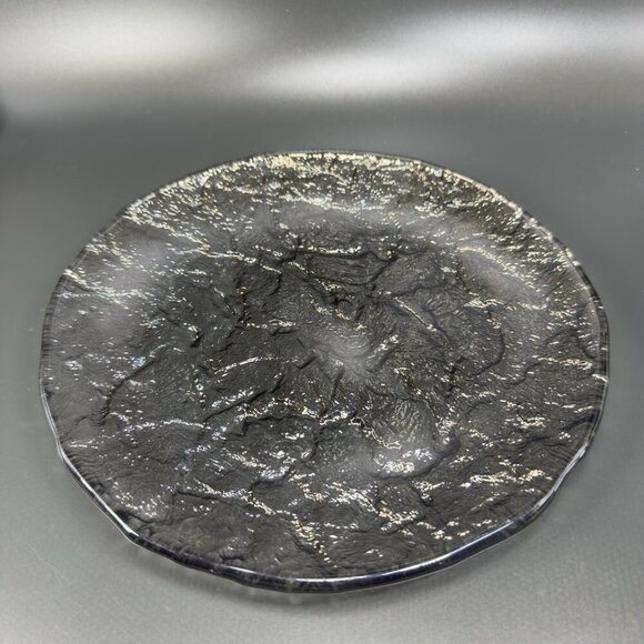 Vintage JSG Oceana Art Glass Metallic Black Texture Glass Dish Plate 9inch Wide - Picture 10 of 14